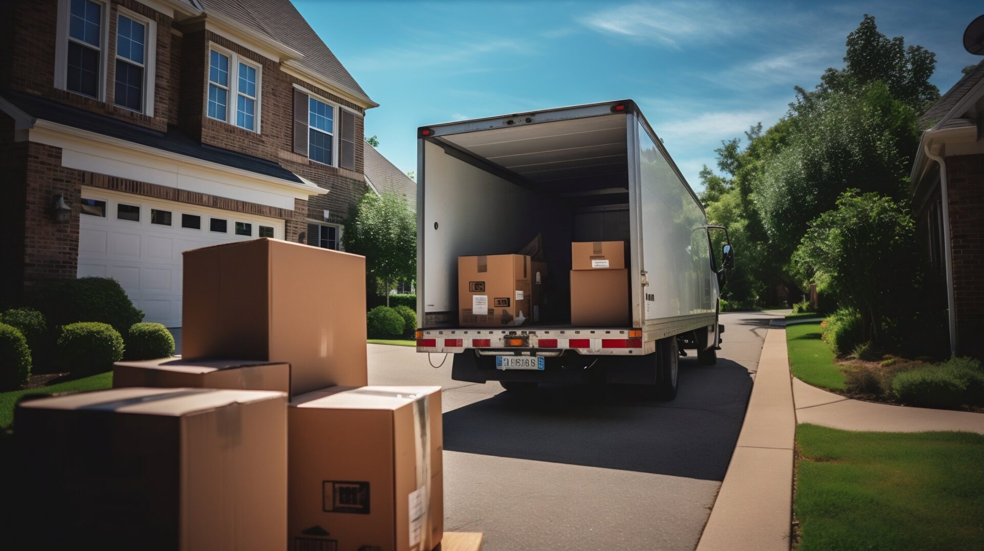 Moving Truck Loaded with Boxes in Suburban Home Driveway Moving Truck Loaded with Boxes in Suburban Home Driveway